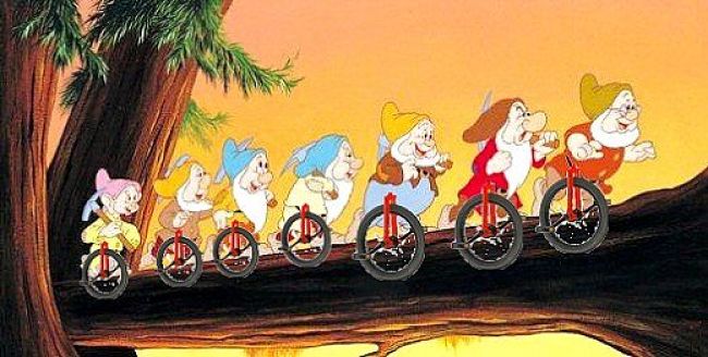 Pedal While Your Work - The Seven Dwarves writing unicycles